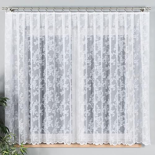 Gardinen Vorhangen Weiß 400x160 cm (BxH) Ivette Kurz Jacquard Gardinen mit Kräuselband Wohnzimmer Schlafzimmer Transparent Gardinenschals Fenstergardinen Schönes Design Blumen Motiv