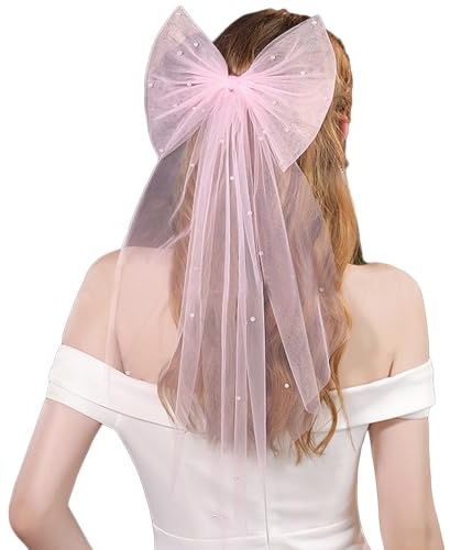 AWOCAN Braut Haarschleife Perlenschleier Haarspange Junggesellinnenabschied Schleier Elegant Tüll Schicht Haarspange für Frauen (rosa)