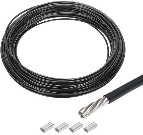 QUARKZMAN 30M x 4mm (98Ft x 5/32) vajer metall 304 rostfritt stål, dragstång med 6 st aluminiumhylsor för upphängning av klädhängning, svart