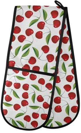 Double Oven Gloves Heat Resistant Red Cherry Double Oven Mitts Pot Holder Heat Protection Oven Gloves for Home Kitchen Baking Cooking BBQ Microwave