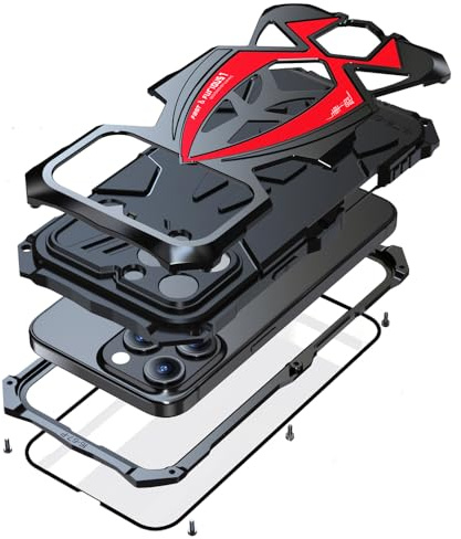 Lunivop For iPhone 16 Pro Max Case Metal Heavy Duty Case Black Red | Heavy Duty Protection Rugged Screw, Camera Protection, 360°Full Body Military Grade Bumper Rubber with Hard Durable