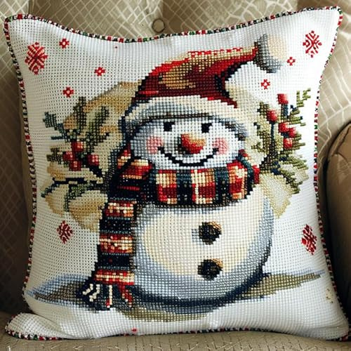 WallustrioaW Knüpfkissen-Set süßer Schneemann,für Kinder oder Anfänger Erwachsene zum Selber Knüpfen,DIY Knüpfteppich Knüpfpackung,Knüpfhaken Set,43x43cm