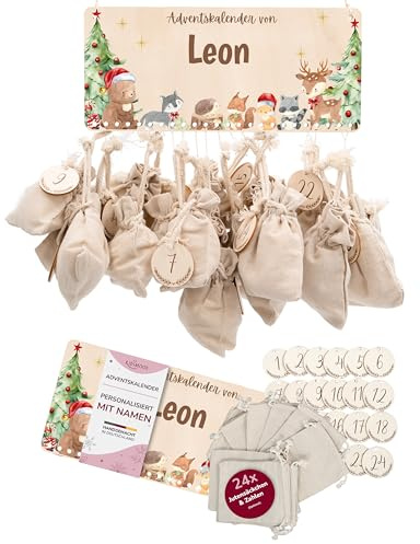 Kidsmood – Personalisierter Adventskalender 2025 aus Holz mit niedlichen Tiermotiven | Weihnachtskalender zum Befüllen mit Geschenktüten & Holzzahlen | Nachhaltige Weihnachtsdeko für Kinder & Familie