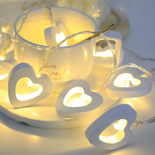 Satiskid Warm White Wooden Heart String Lights, 1.5m 10 LED Battery Powered Fairy Lights for Valentine's Day Wedding Mother's Day Anniversary Decor, Indoor Decorative String Lights (White)