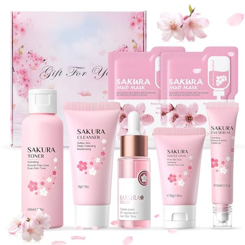 Sakura Skin Care, Kit Skincare Viso Completo, Skin Care Kit, Skincare Coreana kit Viso Completo mit Maschera Facciale Fango, Crema, viso e Siero Occhi, Idratante e Antietà, 11 Pezzi