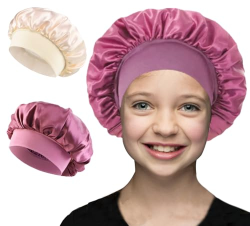 2 Stück Kinder-Schlafmütze aus Satin, Atmungsaktive Nachtmütze bequem elastisches breites Band,Weiche Schlafmütze für Die Nacht für Jungen und Mädchen (DE/NL/SE/PL, Numerisch, 45, 55, Beige+Rot)