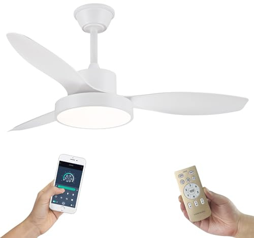 Ventilador de Techo con Luz LED y Aspas Reversibles - Diseño Premium, Silencioso con Mando a Distancia y Temporizador - Funcion Verano e Invierno y 3 Temperaturas de Luz LED (Blanco, L (120 cm))