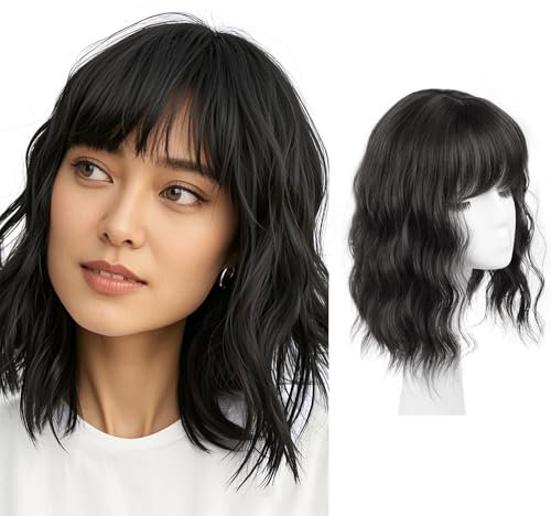 FDEETY Parrucca Donna 12 Pollici Capelli Corti Ondulati Ricci Clip In Parrucche Capelli Frangia Parrucca in Sintetico per Uso Quotidiano e Carnevale Taglio Corto (Nero)