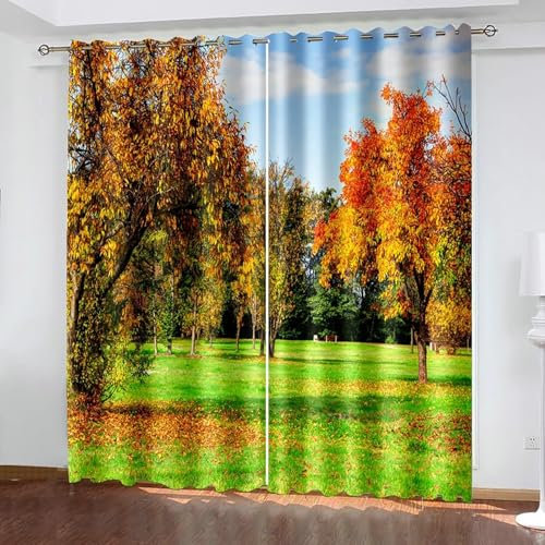 Beydodo Verdunklungsvorhänge mit Ösen, Blickdichte Vorhänge 2er Set 137x229CM Herbst Bäume und Rasen Verdunkelungsvorhänge Jugendzimmer Schlafzimmer