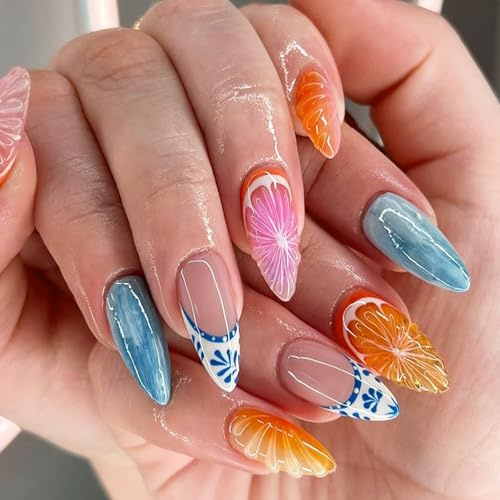 24Pcs French False Nails Long Almond, 3D Orange Fruit Gel Fake Nails Press on, Spring Summer Glossy Stiletto Full Cover Acrylic Stick on Nails for Women Manicure, Natural & Reusable, Easy to Use