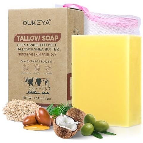 OUKEYA Savon au Suif Naturel 115g, Savons Visage & Corps Hydratant, Enrichi en Beurre de Karité, Huile de Coco, Avoine, Calendula et Argousier, Mousse Douce, Peaux Sensibles, Avec Filet Moussant