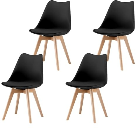 Garvishk Garvis Esszimmerstühle 4er Set mit Massivholz Beinen Sitzpolster aus Kunstleder Gepolsterter Stuhl Küchenstuhl Holz für Schlafzimmer, Wohnzimmer (Schwarz)
