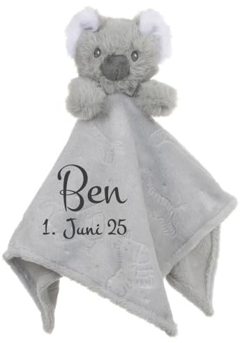 Wuff-Dogsworld Baby Kuscheltuch VIELE Modelle mit Namen Bestickt Geschenk Taufe Geburt Schmusetuch Schnuffeltuch Trösterchen Junge Mädchen (Koala grau)