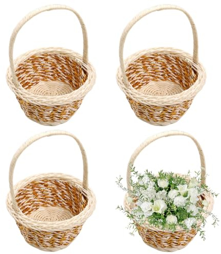 4 Stück Blumenmädchen Korb | Klei-ner Rattan Weidenkorb Mit Henkel | Streukorb Rattankorb | Streukörbchen Streukorb für Hochzeiten, Brautjubiläum, Picknick, Dekoration