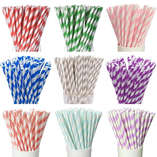300 Pieces Disposable Straws, Biodegradable Party Straw, Striped Paper Drinking Straws, for Birthday, Wedding, Christmas, DIY Decoration, Dessert, Cold Drinks, Restaurant