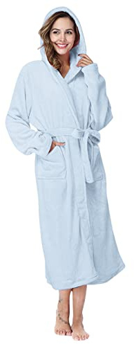 Women's Terry Towelling Bathrobe with Hood Dressing Gown Plain Sauna Gown Cosy Bathrobe Cotton Hooded Bathrobe Fluffy House Coat Soft House Coat with Two Side Pockets and Belt, blue, 5XL