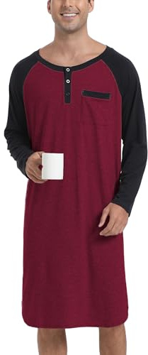 Enjoyoself Camisón Hombre Algodón Camisetas de Pijama Larga Dormir Suave Transpirable Camisa de Noche de Mangas Largas Camison Hospital Ropa de Dormir para Descansar Vino+Negro 3XL