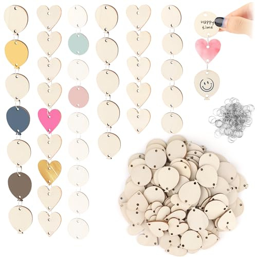 210 pièces de tags en bois pour loisirs créatifs avec trous et anneaux métalliques, 3 cm - Tags en bois naturel brut en forme de cœur et de cercle pour calendrier d’anniversaire DIY et travaux manuels