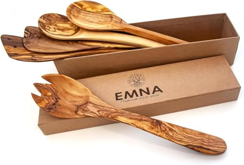 EMNA Lot de 5 ustensiles de cuisine en bois d'olivier - Ustensiles de cuisine en bois faits à la main avec cuillère de cuisine, couverts à salade, spatules - Produit naturel de qualité supérieure