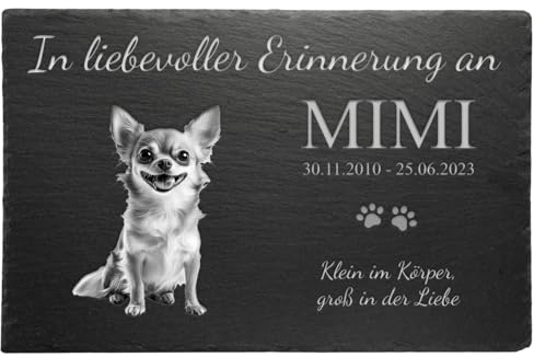eGenuss Personalisierter Tiergrabstein Chihuahua aus Schiefer – wetterfeste Gedenktafel mit Gravur & Foto – Erinnerung an kleinen Hund – Andenken mit Namen & Bild, 30x20 cm