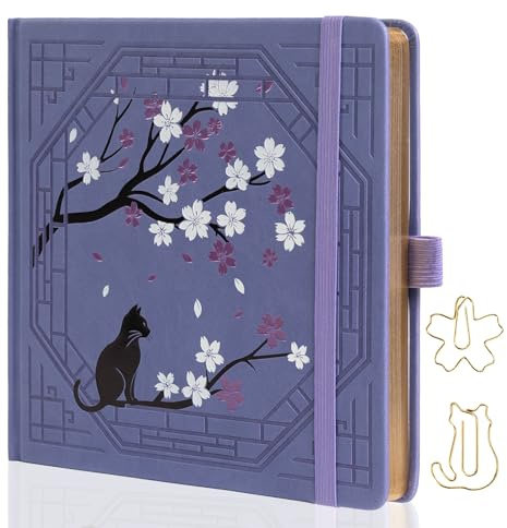 TIEFOSSI Fyrkantig Prickig Dagbok, Söt Kattdagbok för Kvinnor och Flickor, Prickig Anteckningsbok med Vackert Sakura mönster, Estetisk Dagbok för Skrivande, Dagboksskrivande och Tecknande