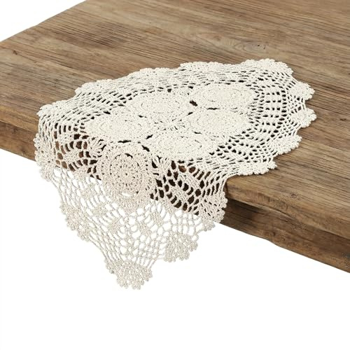 Oval Crochet Table Runner Doilies Floral Tables Scarf Crochet Cotton Lace Table Placemats Furniture Cloth Cover Handmade Crochets Placemat Doilies Vintage Boho Embroidered Laces Runner (Beige)