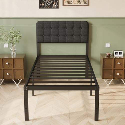 Lutown-Teen 90 x 200 cm Lit en Métal avec Tête de Lit Rembourrée Noire | Hauteur 46 cm, Sommier avec Support à Lattes en Métal, Espace de Rangement en Dessous, Montage Facile, Sans Bruit