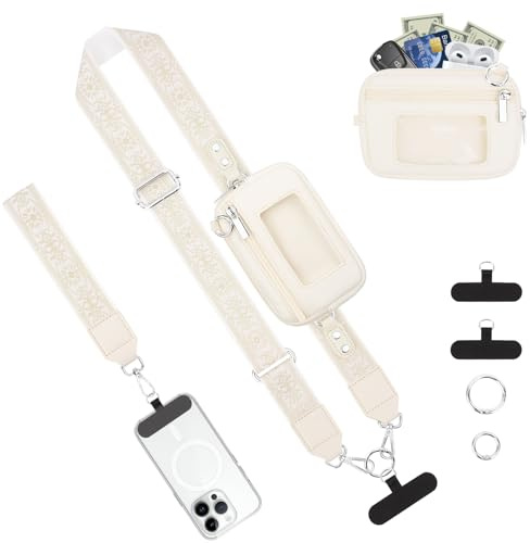 KTUEOV Laniere Telephone Portable, Cordon Telephone Portable Réglable Dragonne Téléphone avec Poche y 2 Patch, Universel Chaine Smartphone Bandouliere Tour de Cou Smartphone pour Femme