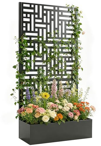 Outsunny Jardinière avec Treillis, bac à Fleurs en Acier galvanisé, lit surélevé avec Brise-Vue, Trous de Drainage, Motif géométrique, pour Plantes grimpantes, légumes, 90 x 40 x 180 cm, Noir