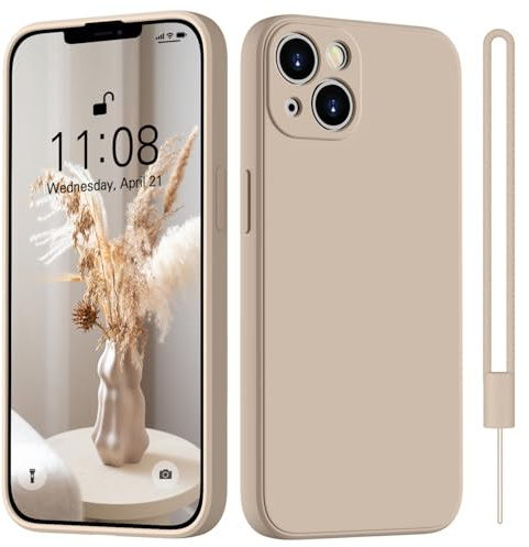 HGH for iPhone 14 Case Silicone With Lanyard, Khaki | [Camera All-Round Protection] [Soft Microfiber Lining Anti-Scratch] Full Covered Shockproof