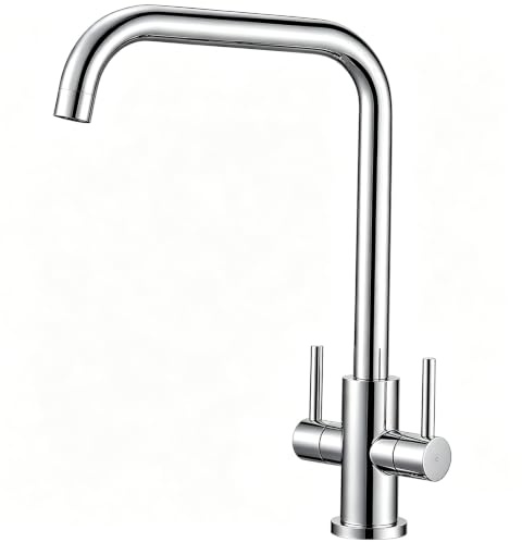 Peppermint Dual Lever Kitchen Tap Polished Chrome 360° Swivel Square Spout | 304 Stainless Steel, Drip-Free Brass Cartridges, Monobloc Kitchen Sink Mixer Taps 1 Hole Under Cabinets, Easy Fit Faucet