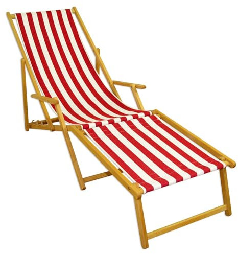 Erst-Holz Liegestuhl rot-weiß Strandliege Sonnenliege Relaxliege Deckchair Buche hell Fußteil 10-314 N F