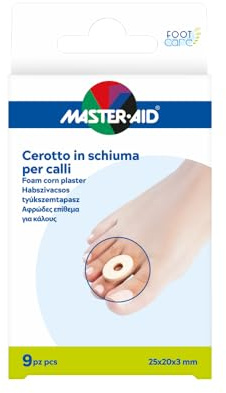 MASTER AID Footcare Calli - Cerotto Adesivo Per Piedi - Dischetto Protettivo in Morbida Schiuma - Per Lenire il Dolore Associato ai Calli - 1 Confezione da 9 Pezzi - 25x20x3 mm