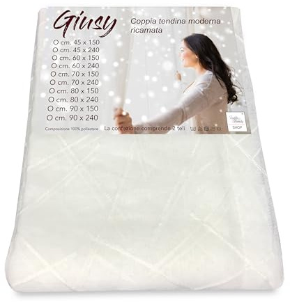 Tex family Tendina Giusy Bianco - Coppia Tende Vetro Moderne Semitrasparenti Effetto Bouclè in Poliestere - Coppia (2 Teli) CM. 80X150