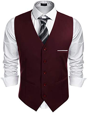 Coofandy herrväst kostymväst smal passform v-ringad ärmlös med 5 knappar business casual klassisk basic herrkostymväst för män, Vinröd, M