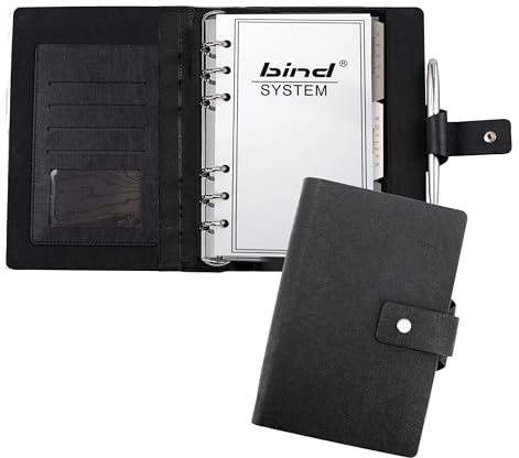 bind 16801 - Terminplaner mit Ringmechanik DIN A6, Organizer aus Lederimitat, Systemplaner in schwarz, Kalender mit 3 Visitenkartenfächern, Stiftschlaufe, Terminkalender mit System 1 Woche / 2 Seiten