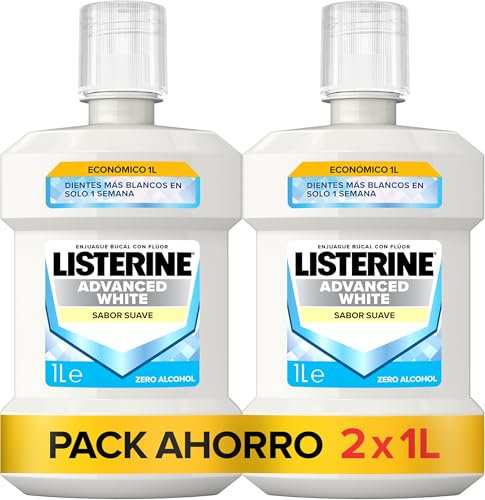 Listerine Advanced White Mild Flavor (pack de 2 x 1 L), bain de bouche blanchissant, bain de bouche sans alcool, élixir oral pour un nettoyage buccal optimal, arôme menthe