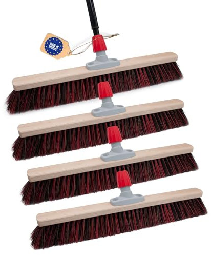 Novaliv 4 escobas de calle de 60 cm, con mango I Arenga-Elaston negro-rojo, mango telescópico, escoba para exteriores, batidor industrial, escoba de jardín, escoba multiusos