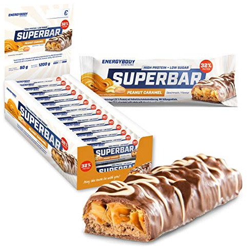 Energybody Superbar Proteinriegel Peanut Caramell 24x50g | High Protein Riegel, 32% Eiweiß, nur 2g Zucker, für Low Carb Ernährung, zuckerarm