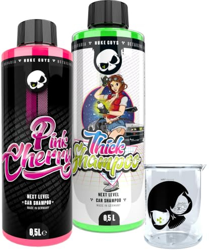 Nuke Guys Auto Wasch- und Pflegeset: Nuke Guys Thick Shampoo 500ml + Pink Cherry Shampoo 500ml + Griffin Messbecher - hochschäumendes Autoshampoo - für matte und glänzende Lacke und Folien geeignet