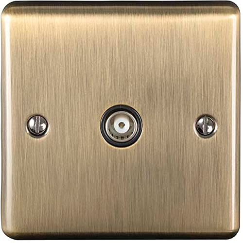 Single Aerial RF Coaxial Socket/Female Wall Plate – ANTIQUE BRASS & Black Trim – 1 Gang TV Outlet For Digital & Analogue Signals