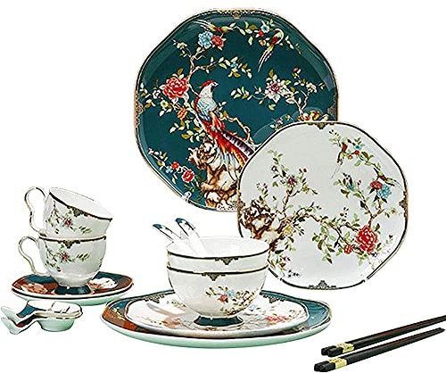 MNSSRN Ensemble de Service à Vaisselle de Style rétro Fleur et Oiseau, céramique de Vaisselle de Cuisine Rustique 16 pièces, Assiettes à Dessert, Bols, Tasses