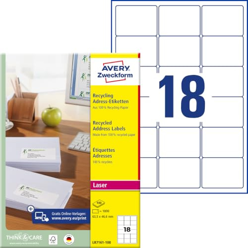 AVERY Zweckform LR7161-100 Recycling Etiketten (1.800 Adressaufkleber, 63,5x46,6mm auf A4, 100% recyceltes Altpapier, bedruckbar, selbstklebend, für C6 Briefkuverts) 100 Blatt, naturweiß