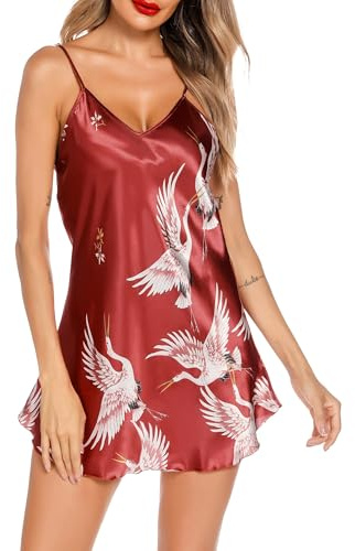 Lovasy Camison Saten Mujer Sexy Cuello V Camisones de Mujer Verano Babydoll Corto Tirantes Ajustable Camisón