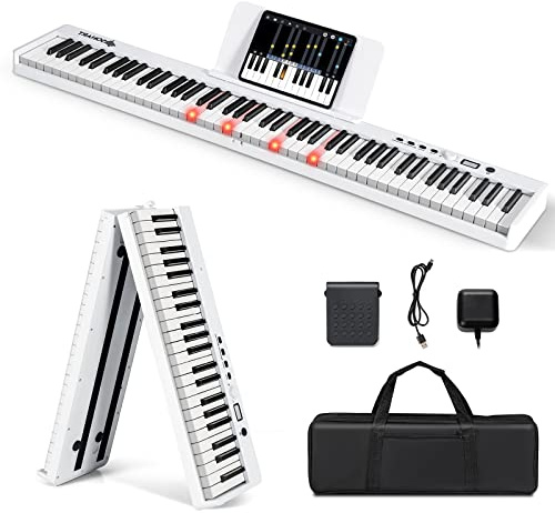 GOPLUS Piano Numérique 88 Touches Lumineuses avec Pédale de Sustain, Pupitre de Partition, Clavier de Piano Électronique Pliable, Conception de Double Clavier, Interface MP3/USB/MIDI (Blanc)