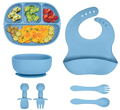 Aolso Baby Teller Kinderteller Sets, 7 Stücke Rutschfest Geschirr Sets Mit Löffel Geteilte Platte und Lätzchen, BPA-frei Kinder Geschirrset Silikon, Babyteller Schüssel für Kleinkinder Kinder(Blau)