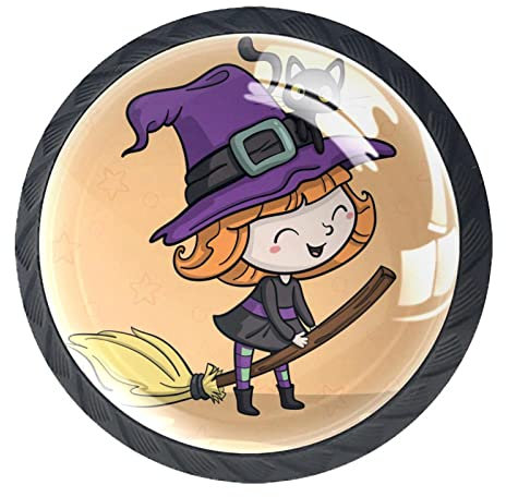 4Pack Drawer Knobs Round Crystal Glass 35mm Lovely Witch Riding a Broom-01