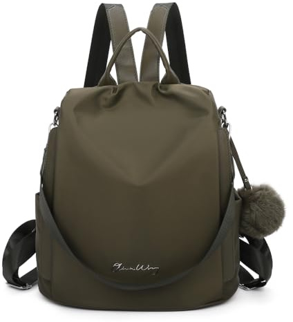 OLIVIA WONG Damen Wasserdichter Diebstahlgeschützter Rucksack (13L) | Umwandelbarer Rucksack mit Pompon und abnehmbarem Griff, grün, 30x30x14 cm