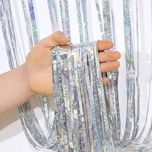 4 Stück Metallic Lametta Vorhänge,1m x 3m Silber Glitzer Selbstklebende Folien Fransen Lametta Vorhange Folie Hintergrund für Geburtstag Hochzeit Weihnachtsfeier Tür Fenster Partydekorationen