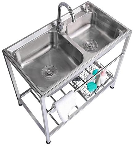 Küchenspüle Freistehende Edelstahl Spültisch 2 Becken mit Wasserhahn spültisch küche komplett für eine Waschküche Badezimmer Bar Garage Außenbereich Außenbereich